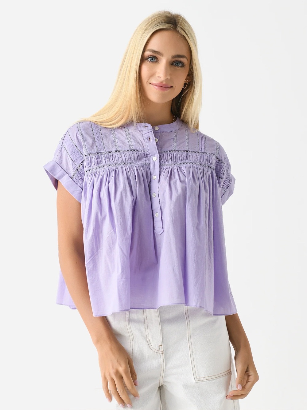 XiRENA Lilac Louelle 100% Cotton Eyelet Lace Peasant Top Blouse Women’s Small